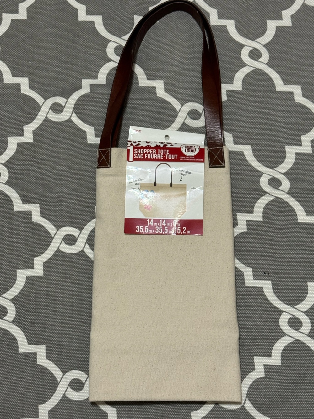 Canvas Shopper Tote with Brown Faux Leather Handles - Natural